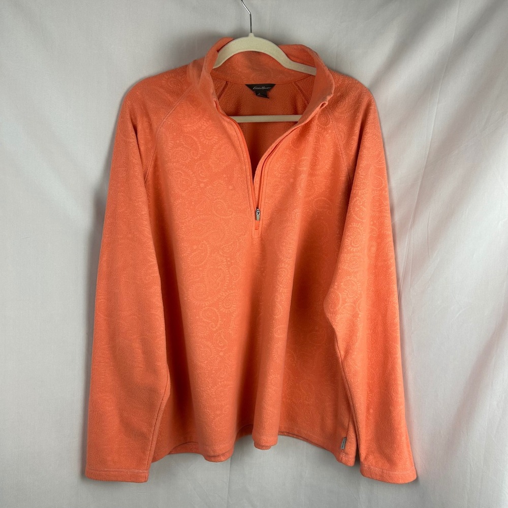 Eddie Bauer Womens 2XL Coral Orange Paisley Embossed Fleece Quarter Zip Pullover - Picture 2 of 9